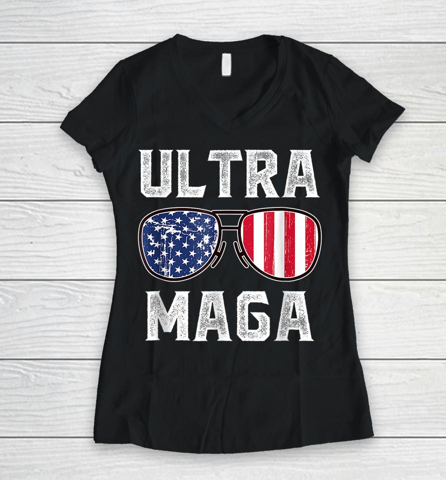 Ultra Maga Sunglasses American Flag Funny Anti Joe Biden Women V-Neck T-Shirt