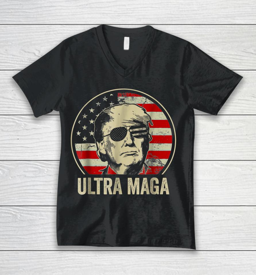 Ultra Mega Donald Trump Vintage American Flag Unisex V-Neck T-Shirt