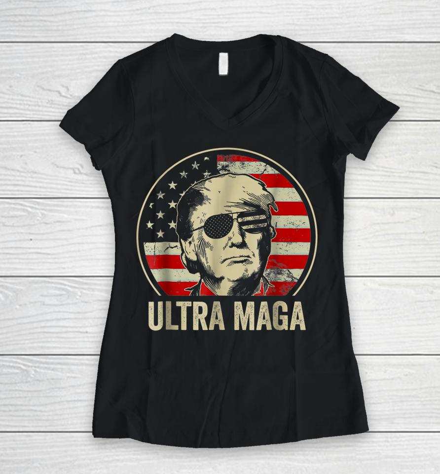 Ultra Mega Donald Trump Vintage American Flag Women V-Neck T-Shirt