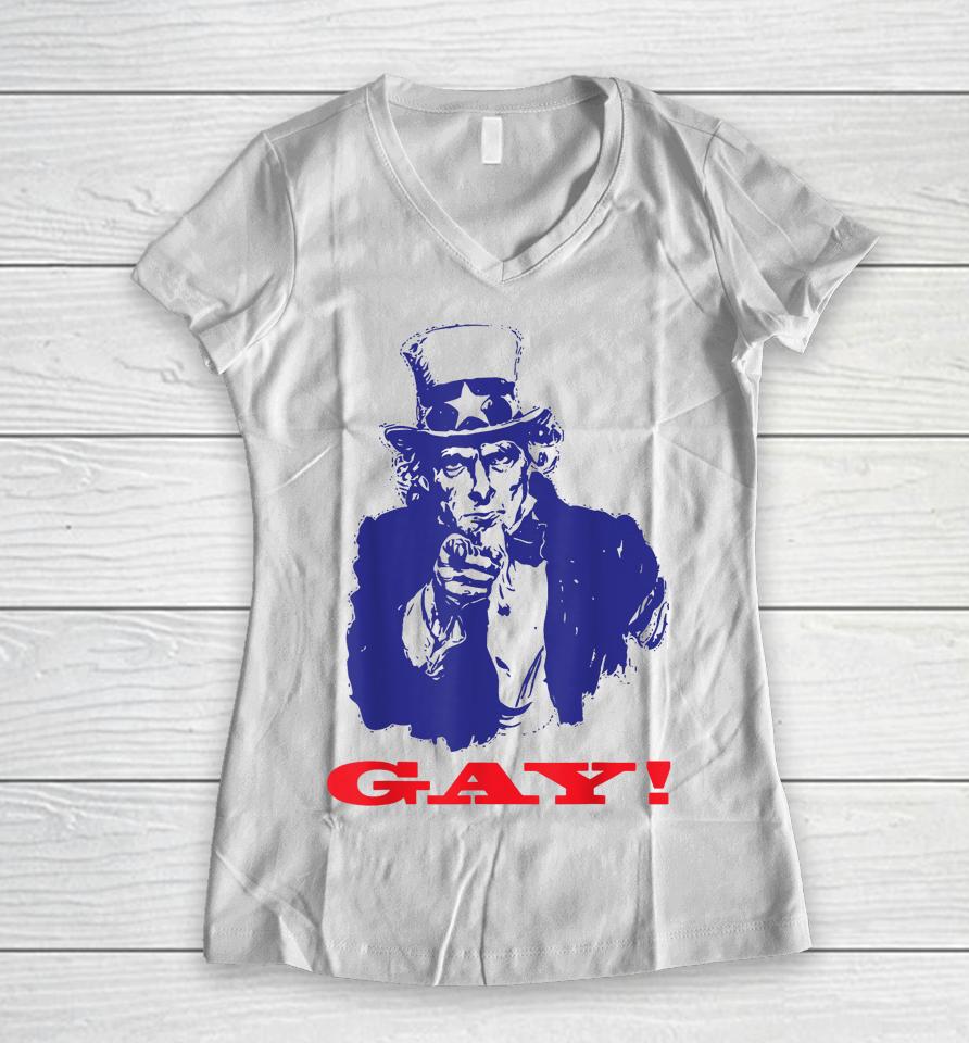 Uncle Sam Griddy Say Gay Lgbt Gay Ally Pride Month Women V-Neck T-Shirt