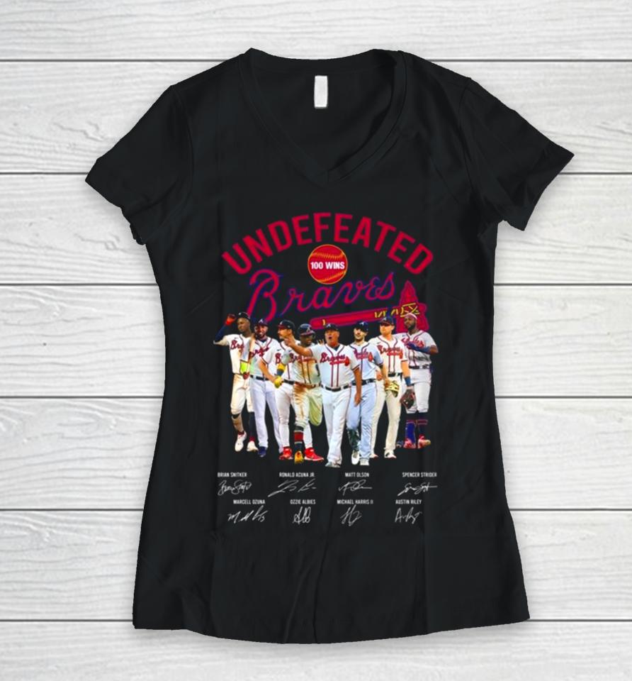 Undefeated Perfect 100 Wins Atlanta Braves Baseball Signatures Women V-Neck T-Shirt