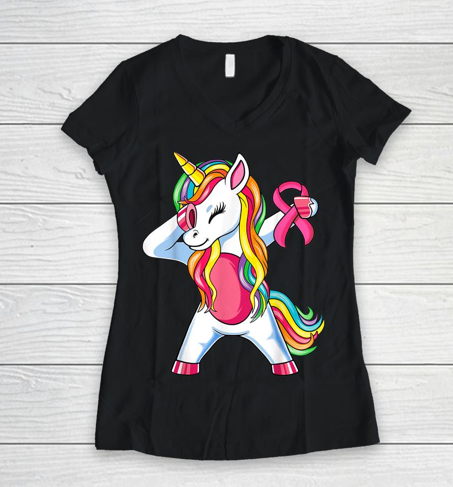 Unicorn Breast Cancer Awareness Girls Women V-Neck T-Shirt