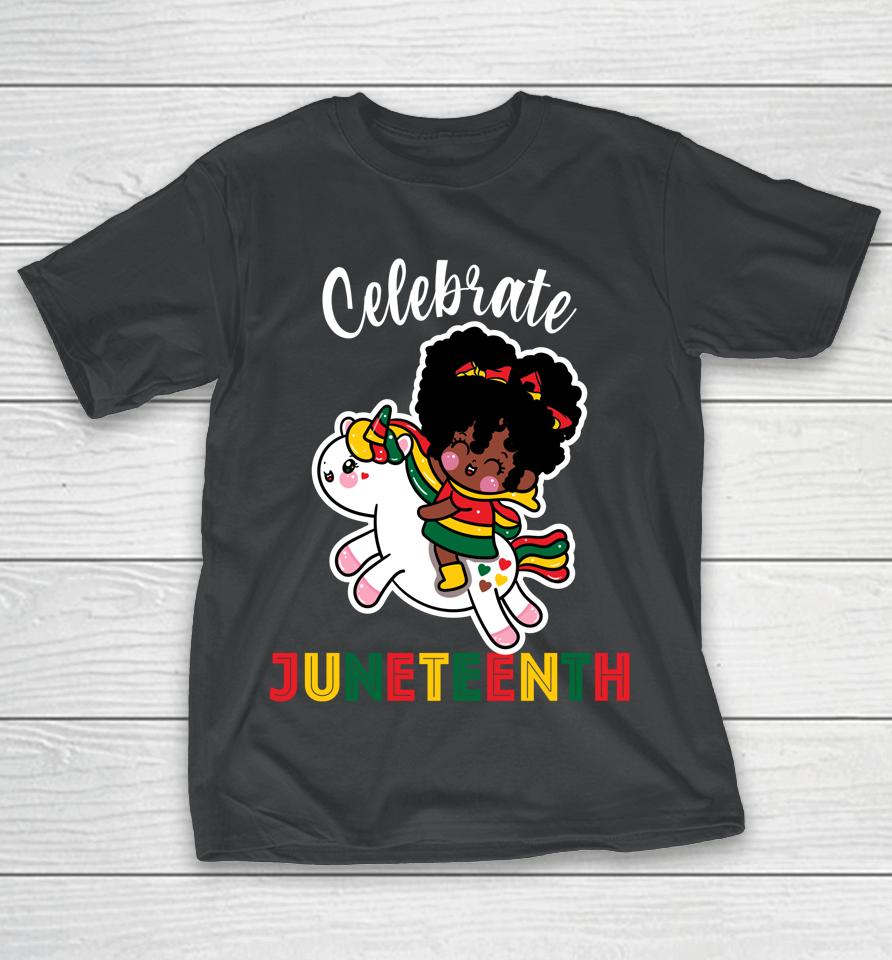 Unicorn Celebrate Juneteenth 1865 Cute Black Girls Kids T-Shirt