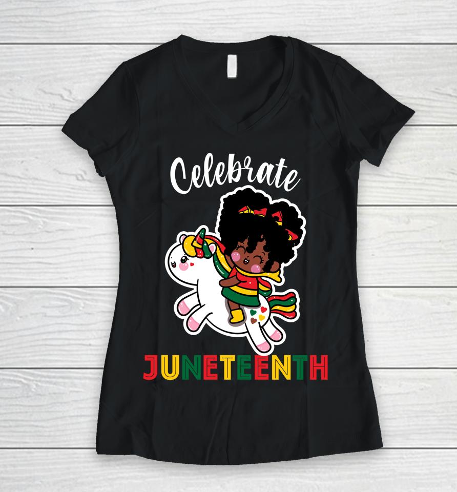Unicorn Celebrate Juneteenth 1865 Cute Black Girls Kids Women V-Neck T-Shirt