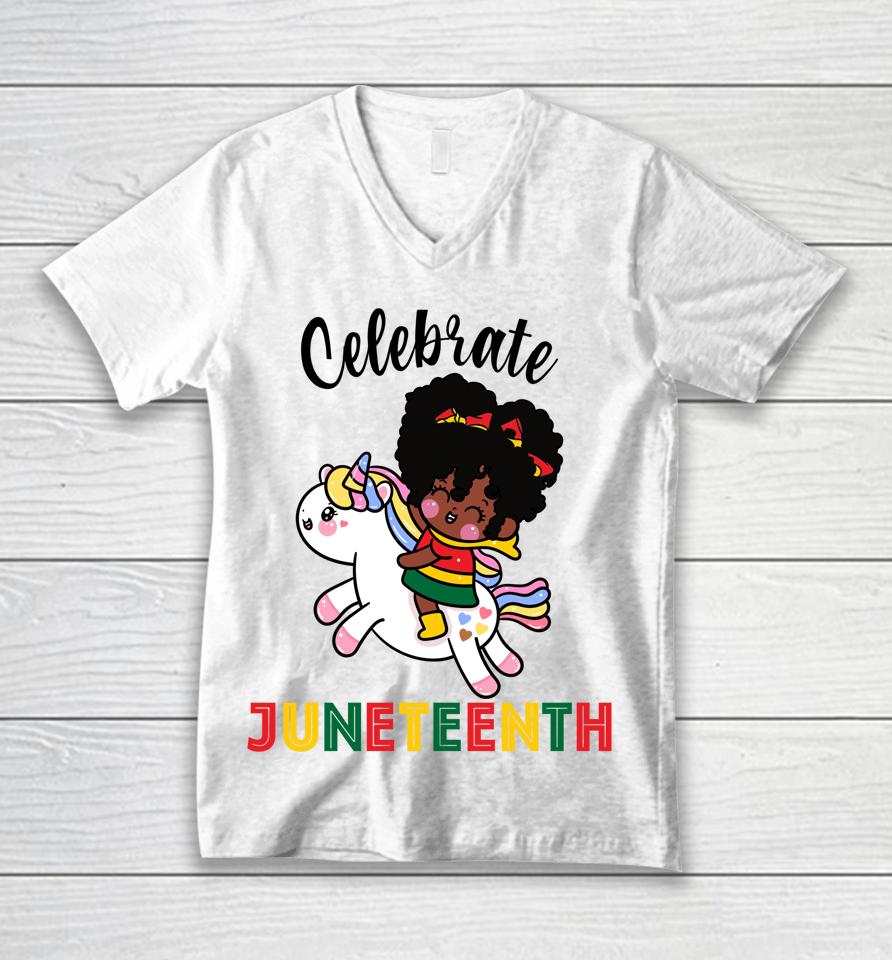 Unicorn Celebrate Juneteenth 1865 Cute Black Girls Kids Unisex V-Neck T-Shirt