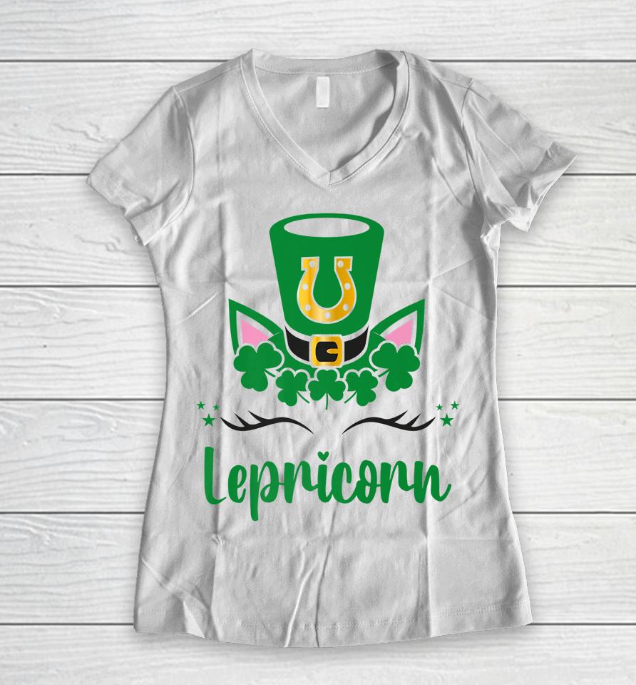 Unicorn Face Lepricorn Girls St Patrick's Day Women V-Neck T-Shirt
