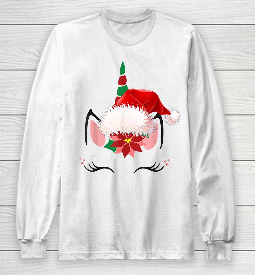 Unicorn Face Santa Hat Christmas Long Sleeve T-Shirt