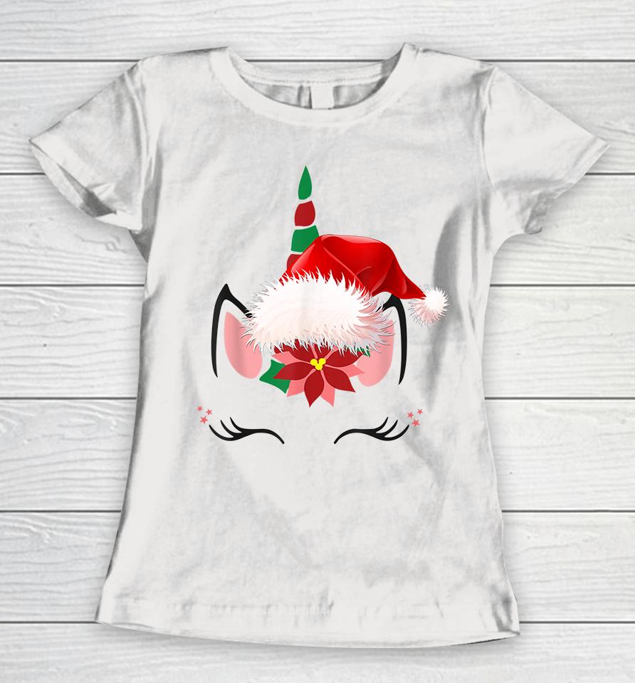Unicorn Face Santa Hat Christmas Women T-Shirt