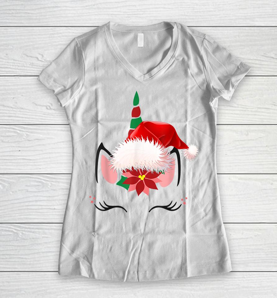 Unicorn Face Santa Hat Christmas Women V-Neck T-Shirt