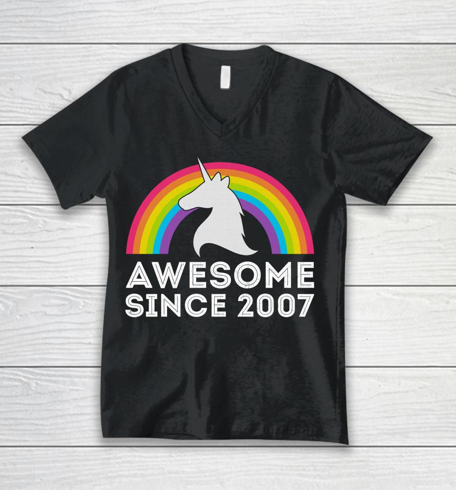 Unicorn Graphic 15 Years Old 15Th Birthday Party Awesome Since 2007 Unisex V-Neck T-Shirt