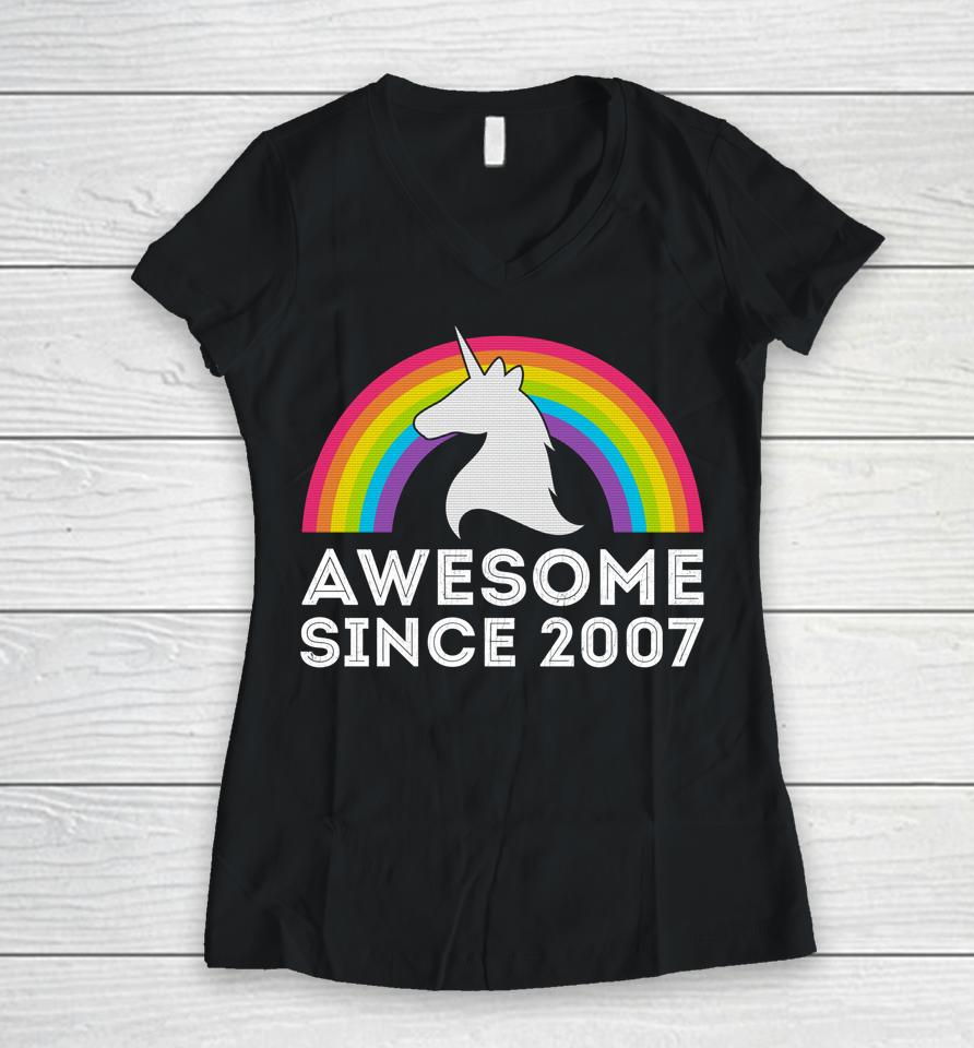 Unicorn Graphic 15 Years Old 15Th Birthday Party Awesome Since 2007 Women V-Neck T-Shirt