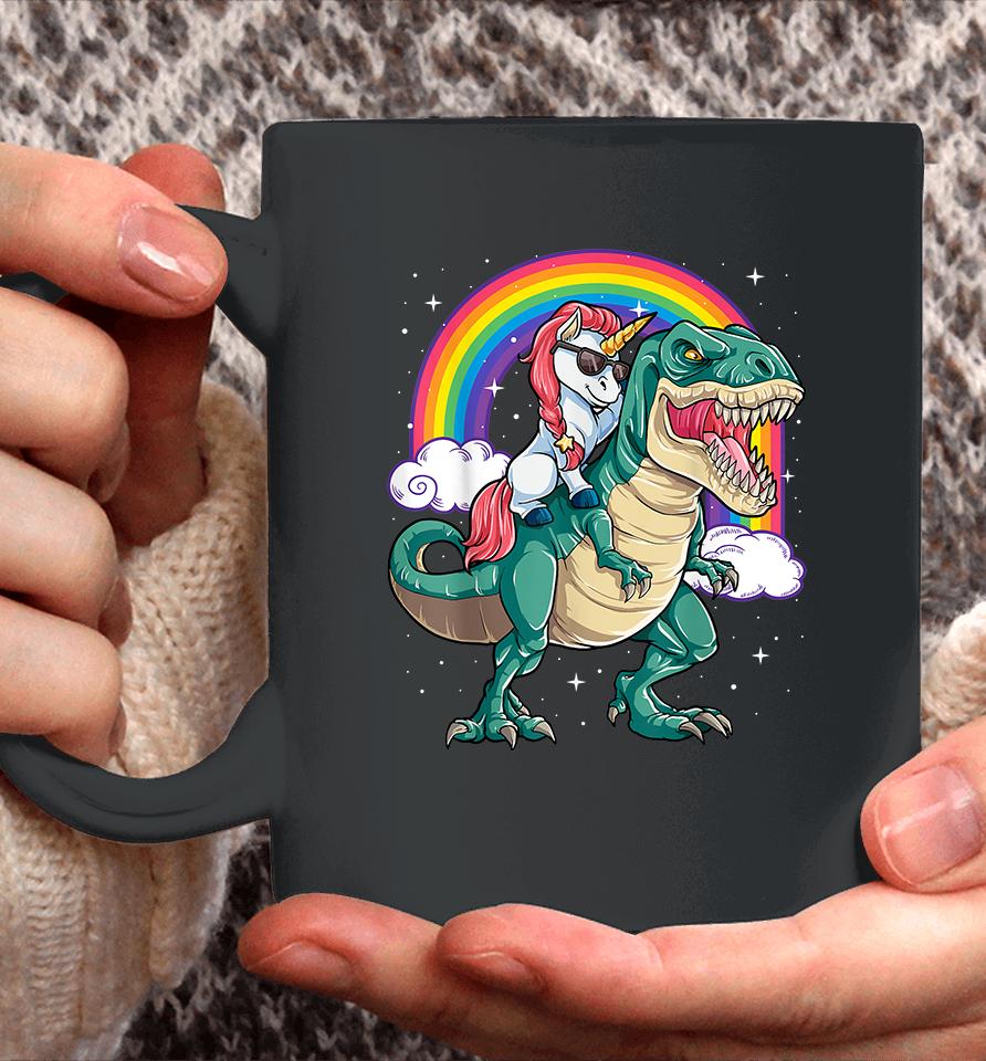 Unicorn Riding Dinosaur T Rex Rainbow Coffee Mug