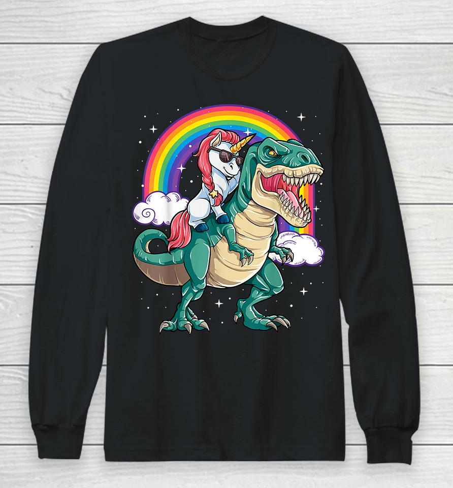 Unicorn Riding Dinosaur T Rex Rainbow Long Sleeve T-Shirt