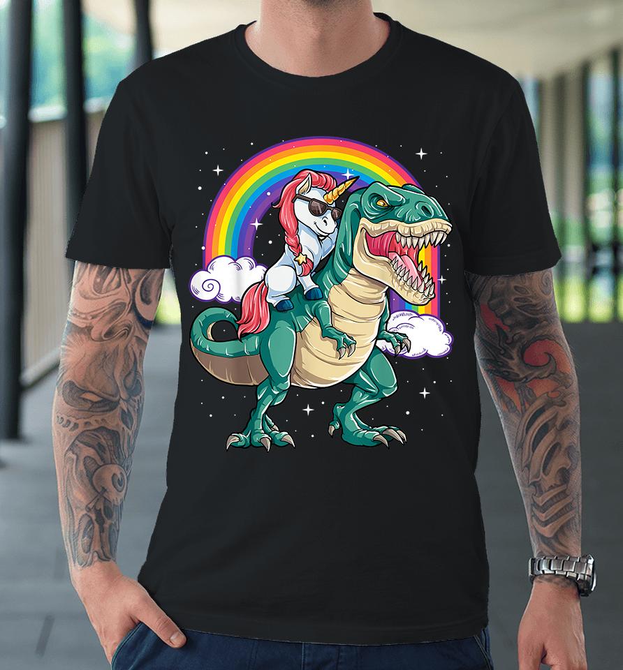 Unicorn Riding Dinosaur T Rex Rainbow Premium T-Shirt