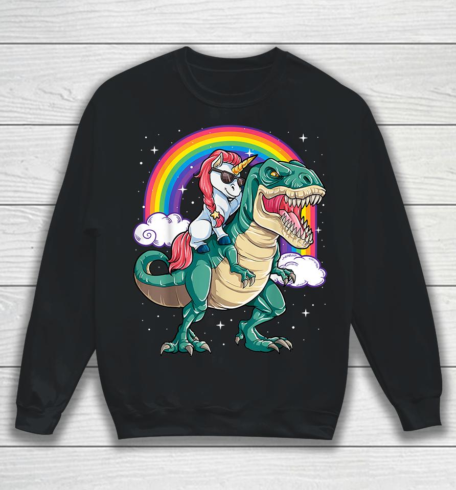 Unicorn Riding Dinosaur T Rex Rainbow Sweatshirt