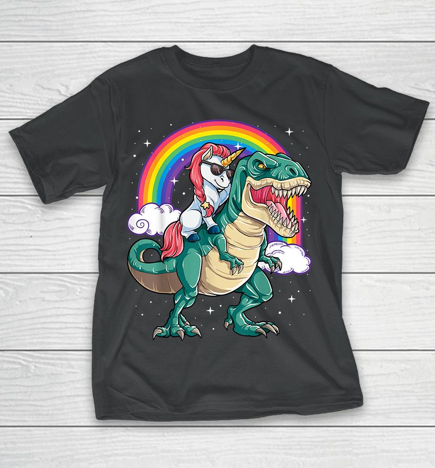 Unicorn Riding Dinosaur T Rex Rainbow T-Shirt
