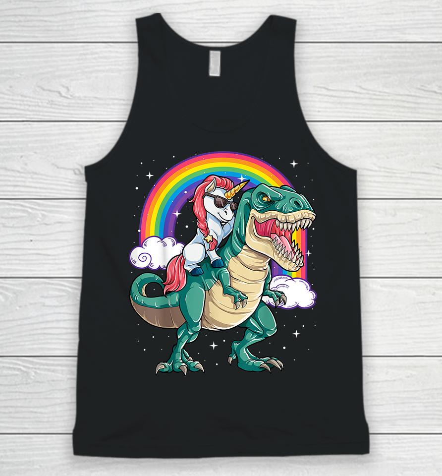 Unicorn Riding Dinosaur T Rex Rainbow Unisex Tank Top