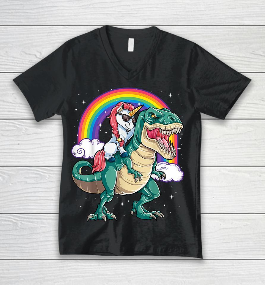 Unicorn Riding Dinosaur T Rex Rainbow Unisex V-Neck T-Shirt