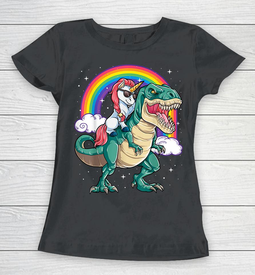 Unicorn Riding Dinosaur T Rex Rainbow Women T-Shirt