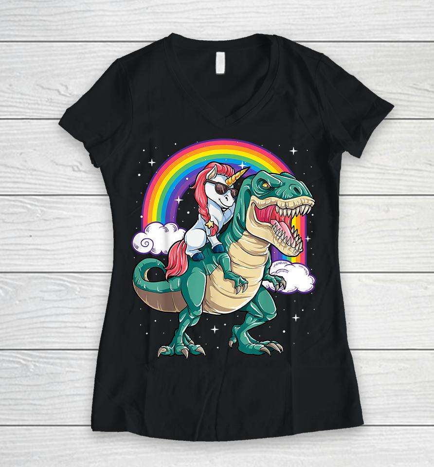 Unicorn Riding Dinosaur T Rex Rainbow Women V-Neck T-Shirt