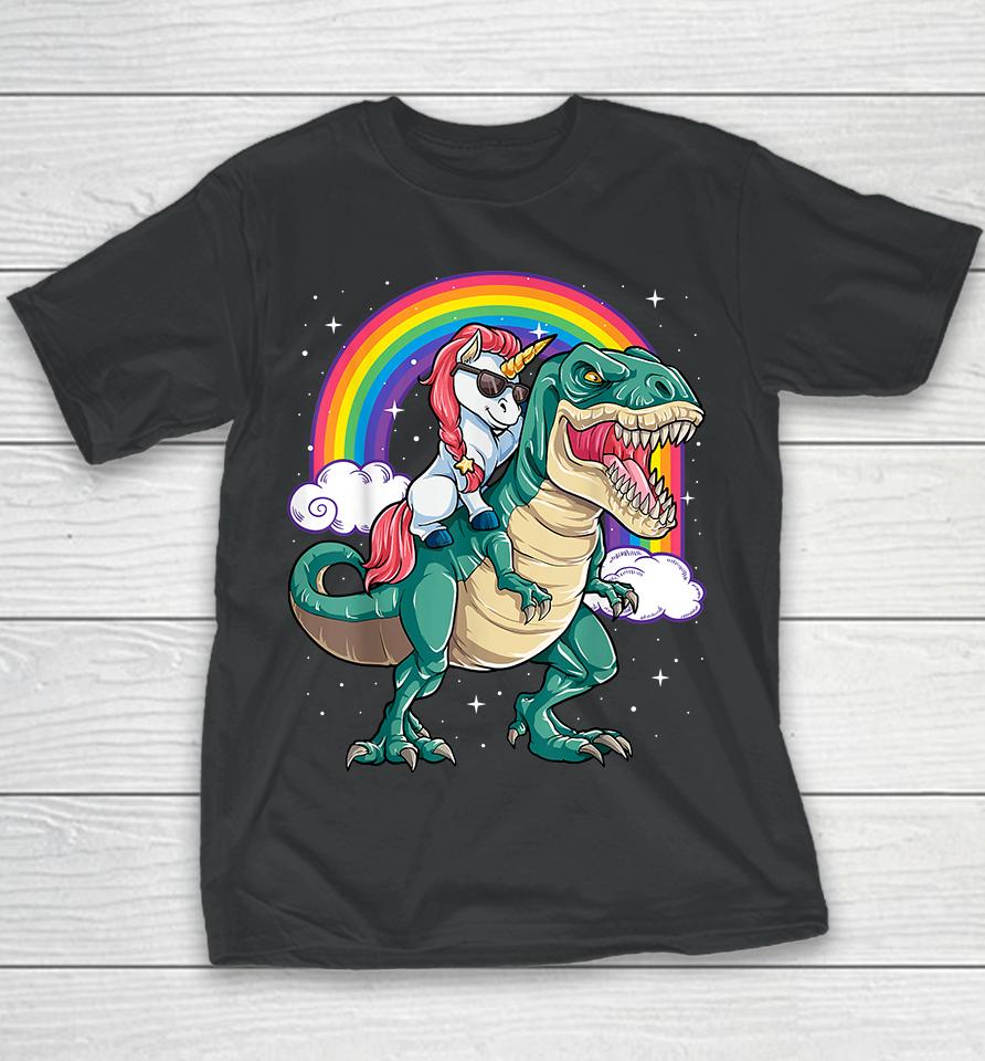 Unicorn Riding Dinosaur T Rex Rainbow Youth T-Shirt