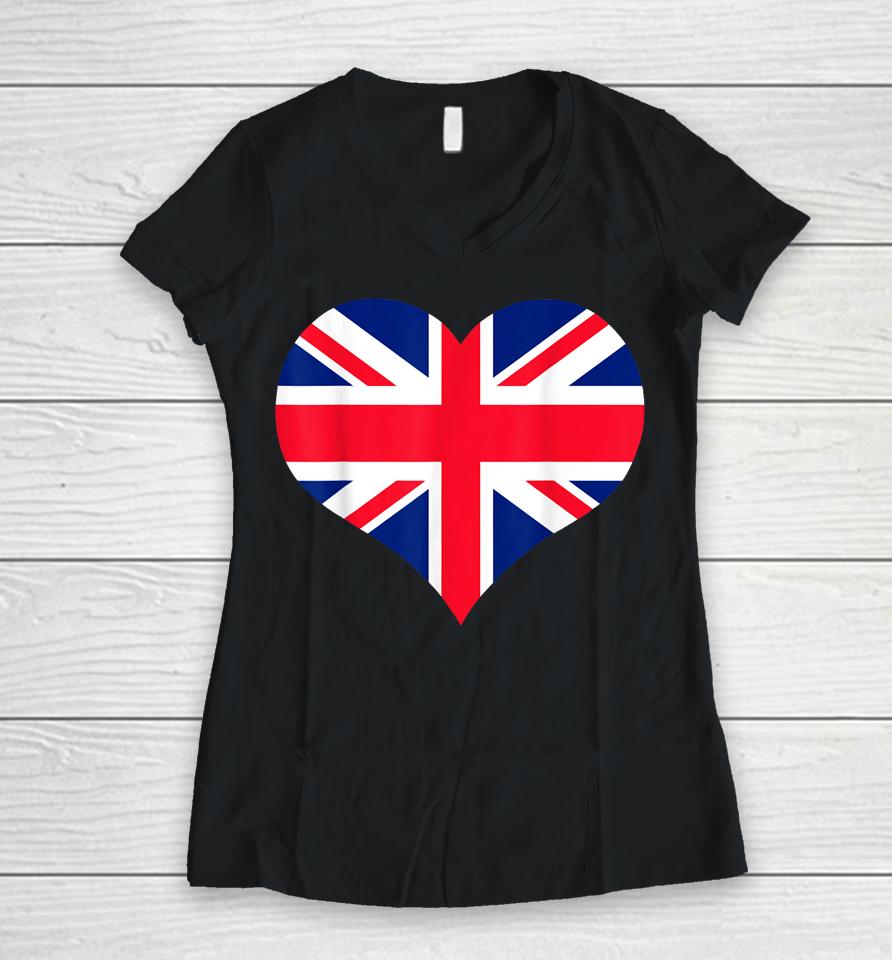 Union Jack British Flag Heart British Isles Women V-Neck T-Shirt