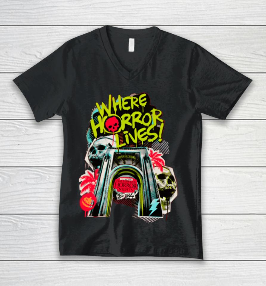 Universal Orlando Store Halloween Horror Nights 2024 Horror Lives Here Unisex V-Neck T-Shirt