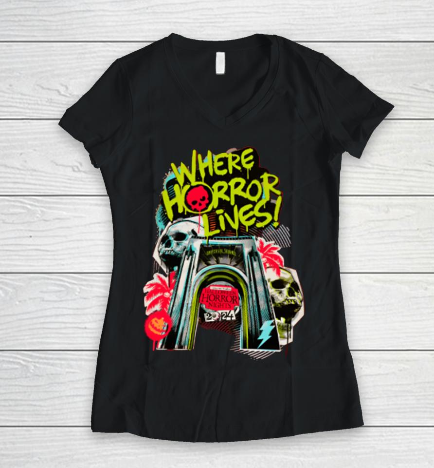 Universal Orlando Store Halloween Horror Nights 2024 Horror Lives Here Women V-Neck T-Shirt