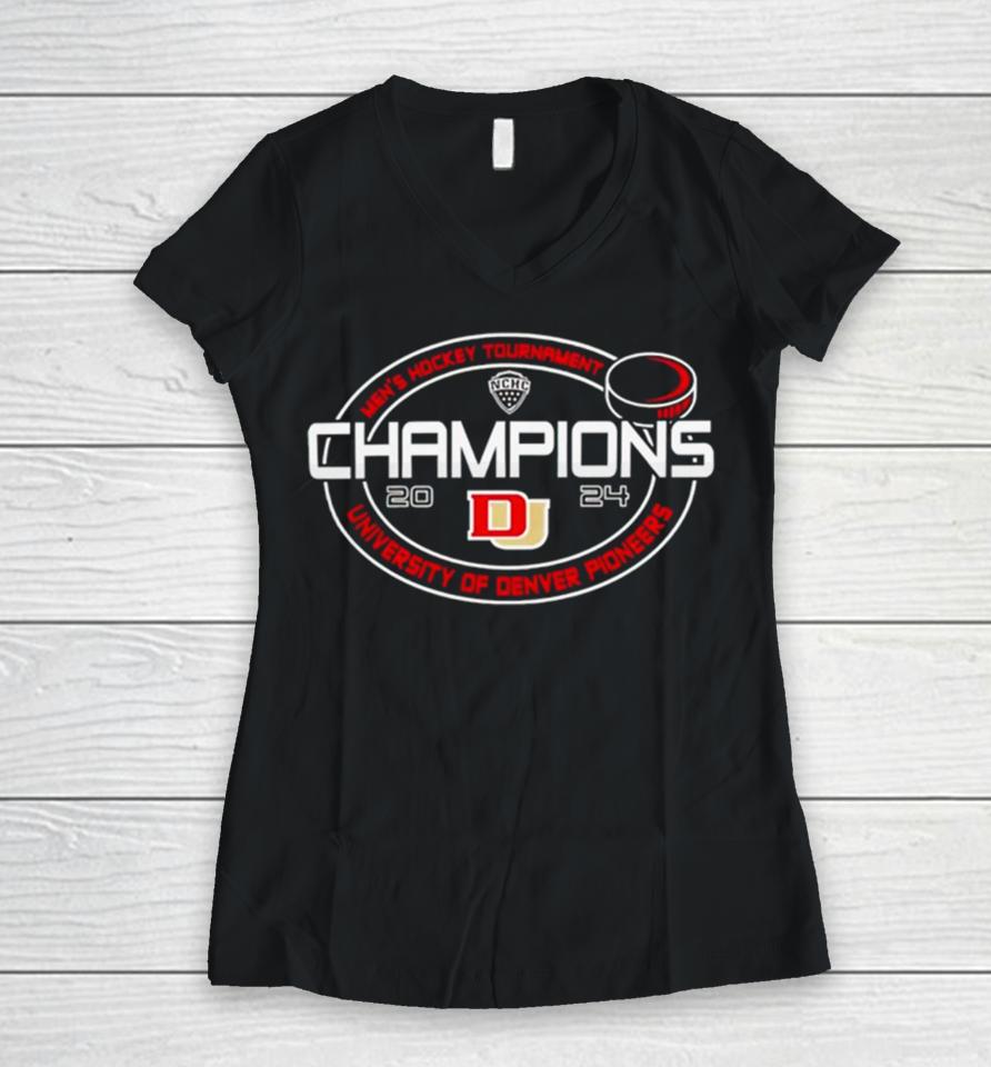 University Of Denver Pioneers Mens Hockey 2024 Nchc Tournament Champions Women V-Neck T-Shirt