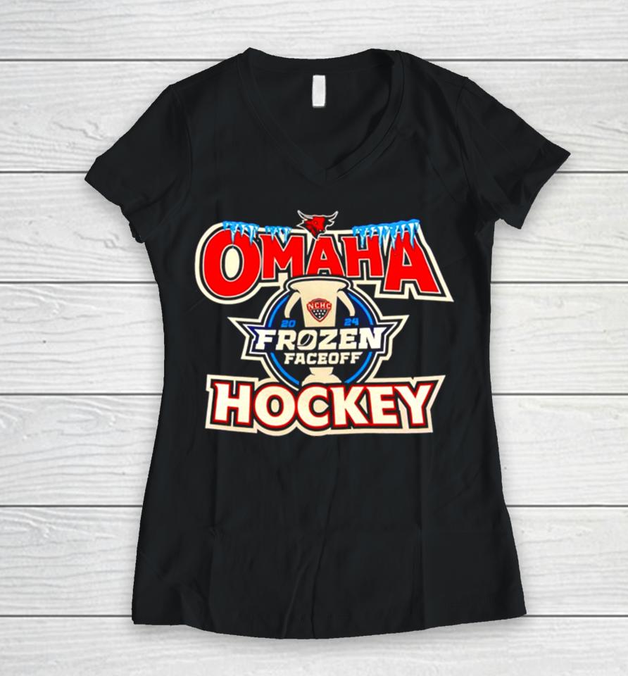 Uno Frozen Faceoff Omaha Hockey 2024 Women V-Neck T-Shirt