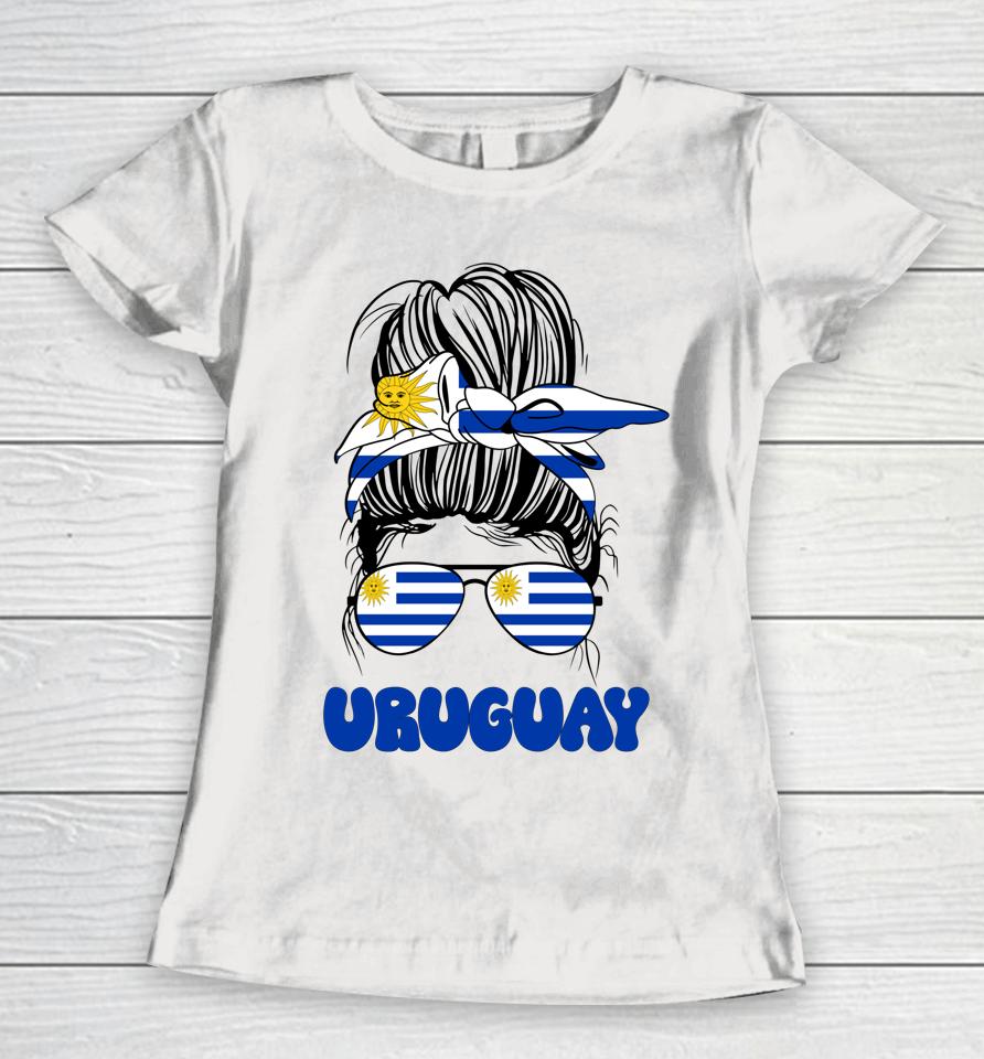 Uruguayan Women Messy Bun Shirt Uruguay Flag For Girls Uruguayan Women T-Shirt