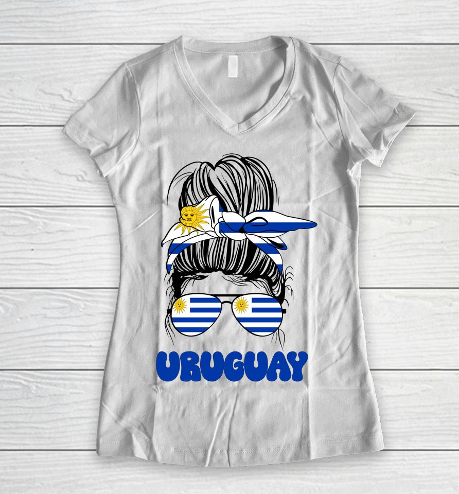 Uruguayan Women Messy Bun Shirt Uruguay Flag For Girls Uruguayan Women V-Neck T-Shirt