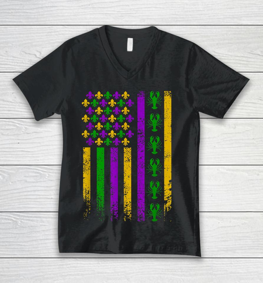 Us American Flag Mardi Gras Crawfish Vintage Unisex V-Neck T-Shirt