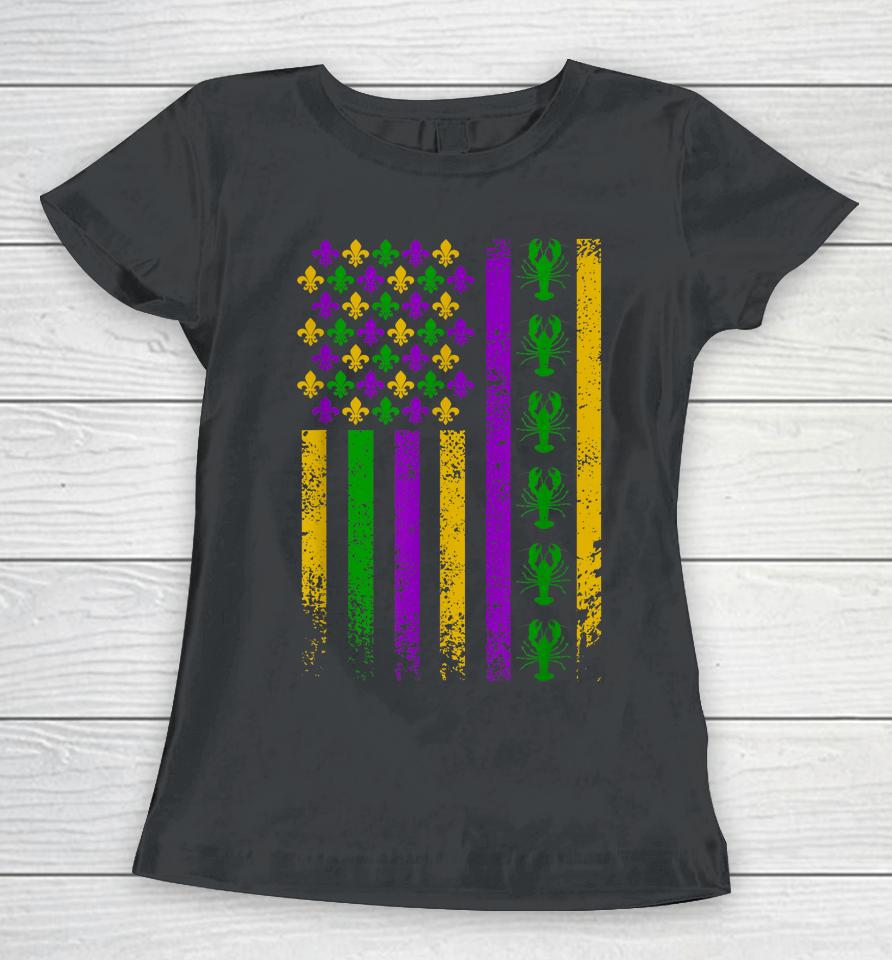 Us American Flag Mardi Gras Crawfish Vintage Women T-Shirt