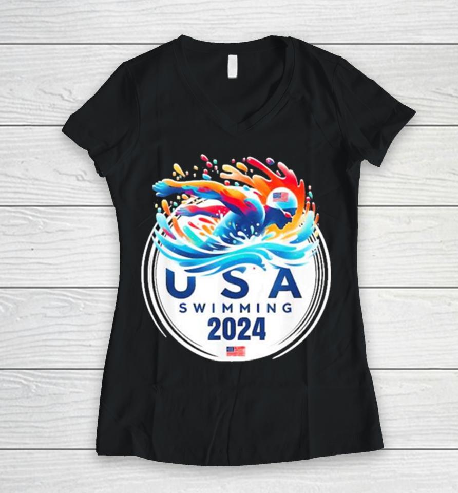 Usa 2024 United States American Sport 2024 Swimming Women V-Neck T-Shirt