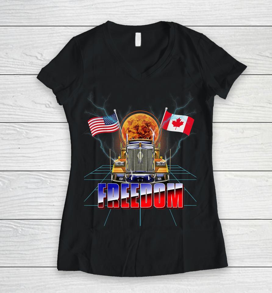 Usa American And Canada Flag Freedom Convoy 2022 Trucker Women V-Neck T-Shirt