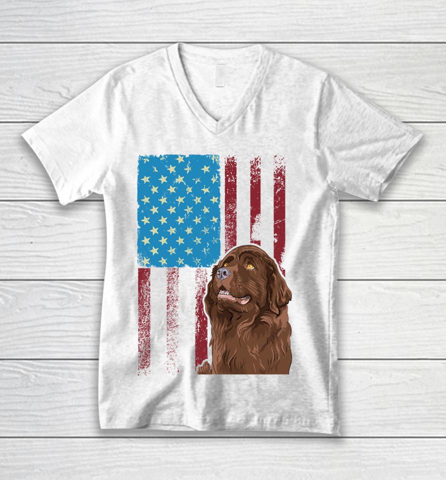 Usa American Flag Patriotic Dog Newfoundland Unisex V-Neck T-Shirt