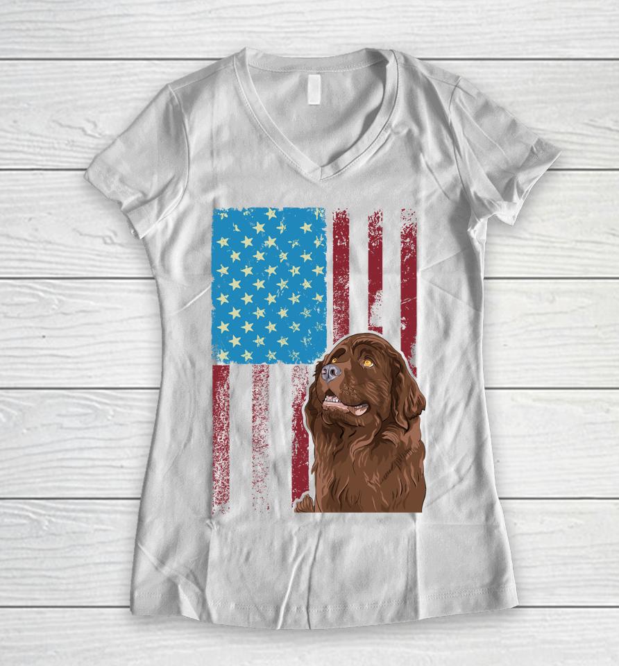 Usa American Flag Patriotic Dog Newfoundland Women V-Neck T-Shirt