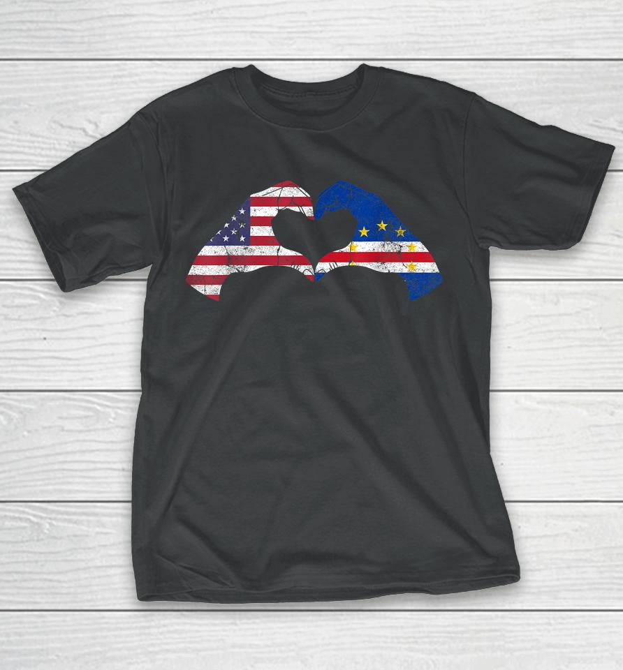 Usa Cape Verde Hand Flag Heart Cape Verdean Americans Love T-Shirt