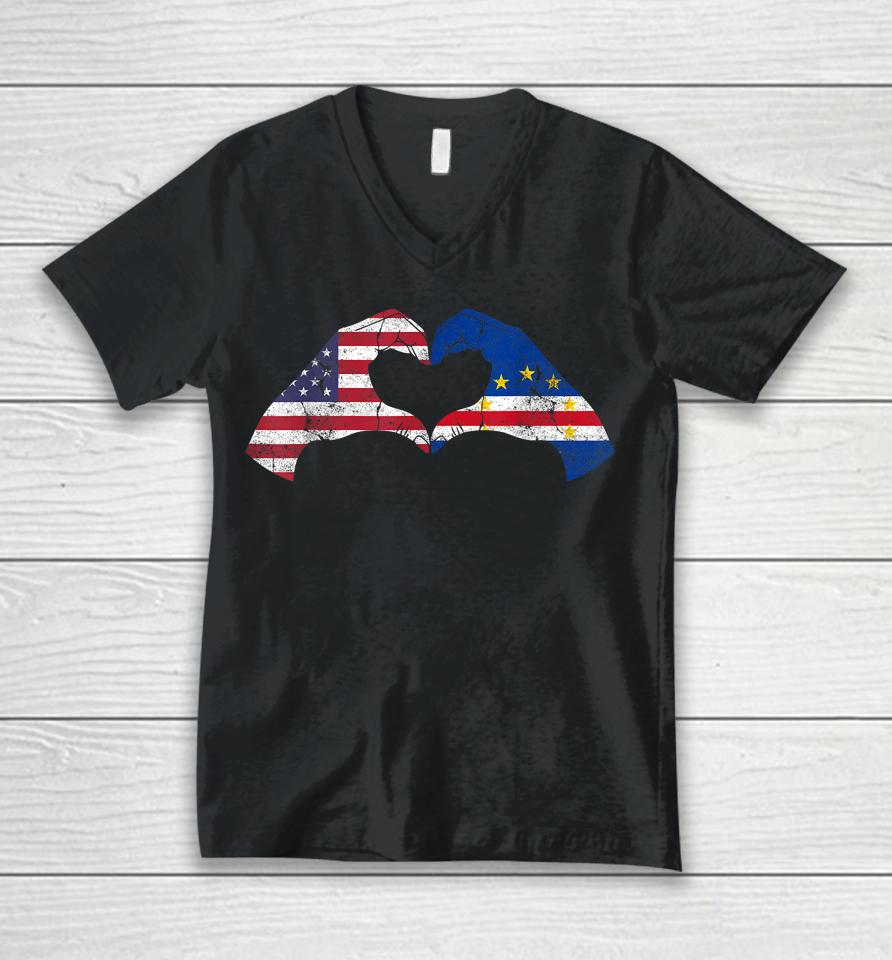 Usa Cape Verde Hand Flag Heart Cape Verdean Americans Love Unisex V-Neck T-Shirt