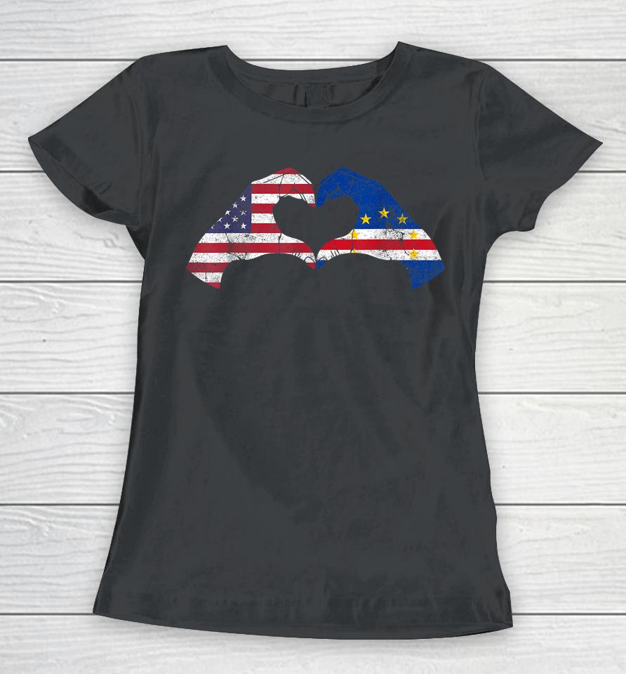 Usa Cape Verde Hand Flag Heart Cape Verdean Americans Love Women T-Shirt