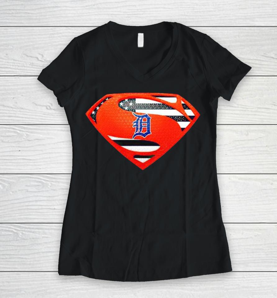 Usa Flag Inside Detroit Tigers Superman Women V-Neck T-Shirt