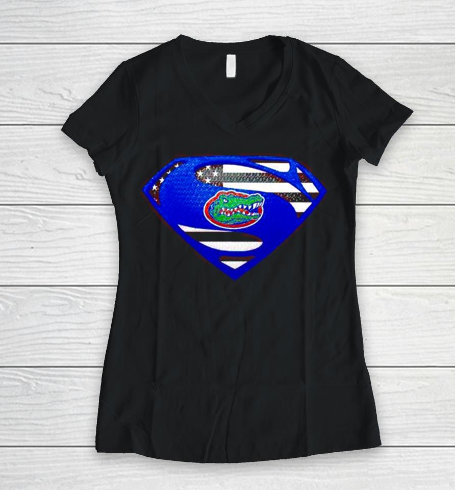 Usa Flag Inside Florida Gators Superman Women V-Neck T-Shirt