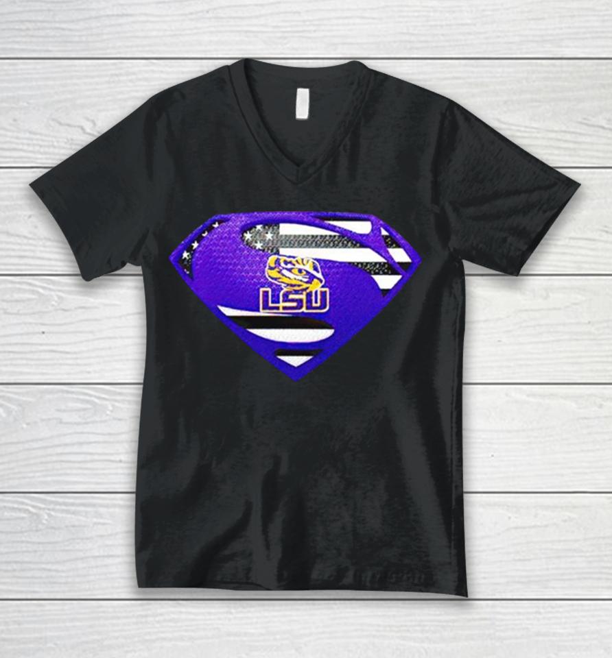 Usa Flag Inside Lsu Tigers Superman Unisex V-Neck T-Shirt