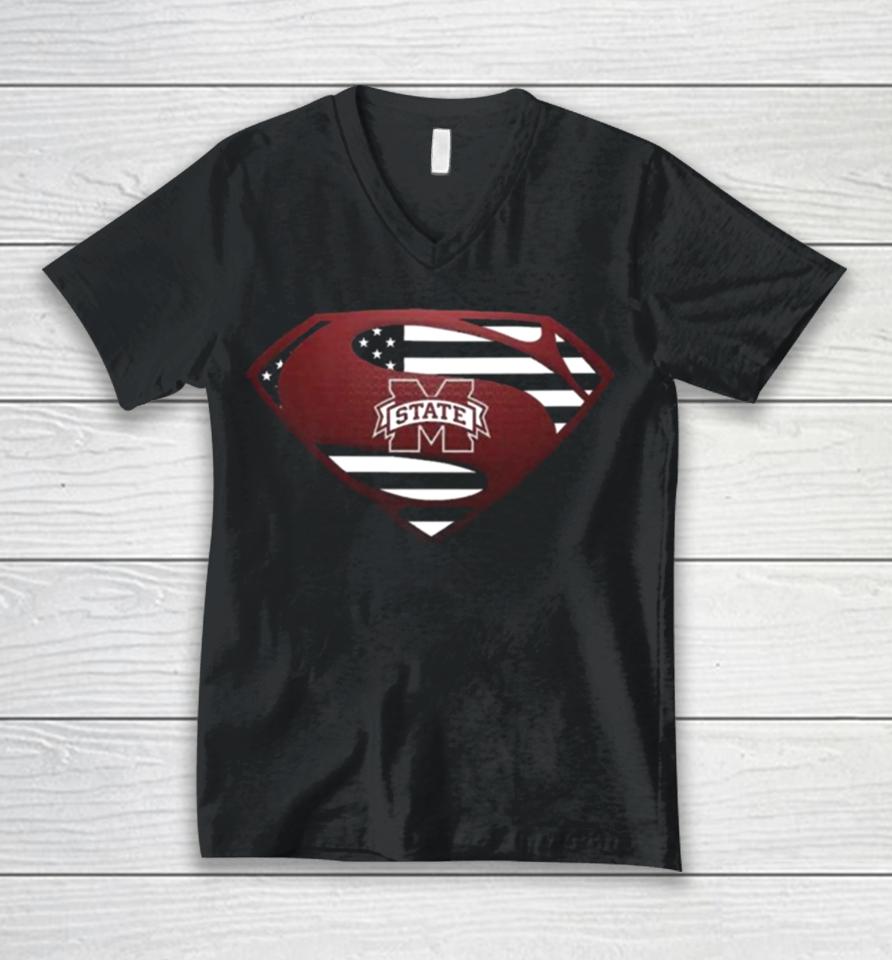 Usa Flag Inside Mississippi State Bulldogs Superman Unisex V-Neck T-Shirt