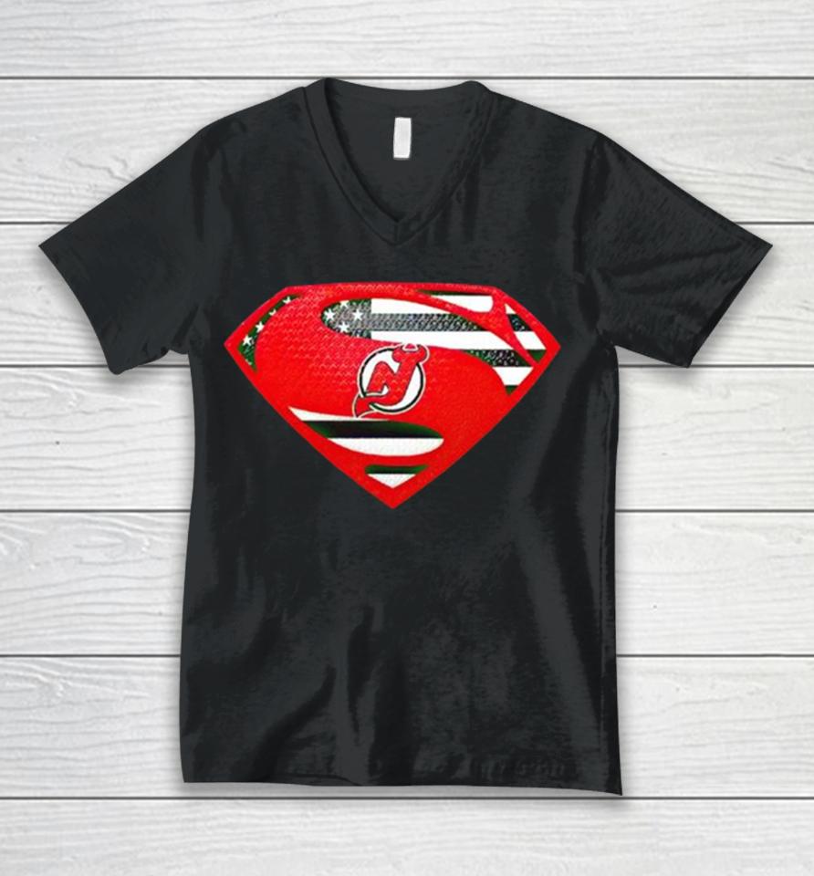 Usa Flag Inside New Jersey Devils Superman Unisex V-Neck T-Shirt