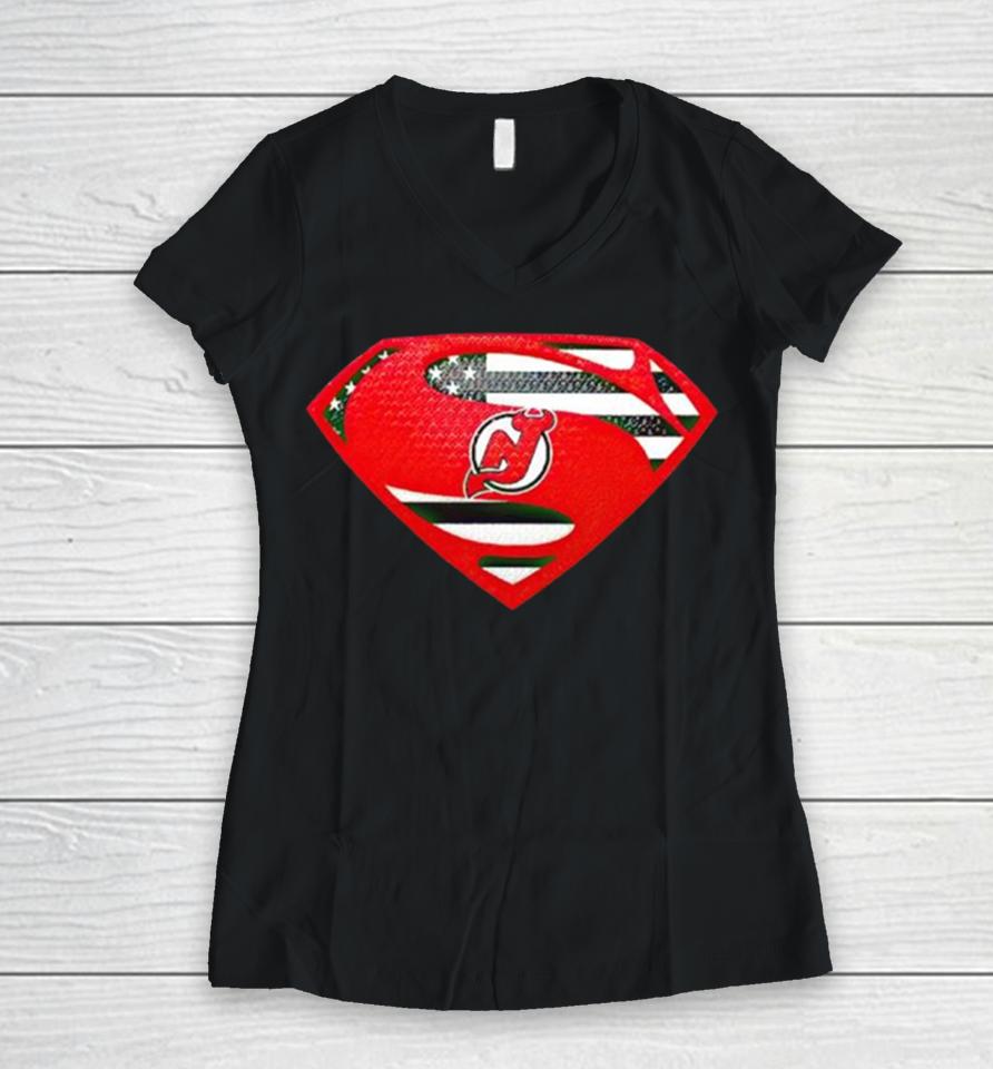 Usa Flag Inside New Jersey Devils Superman Women V-Neck T-Shirt