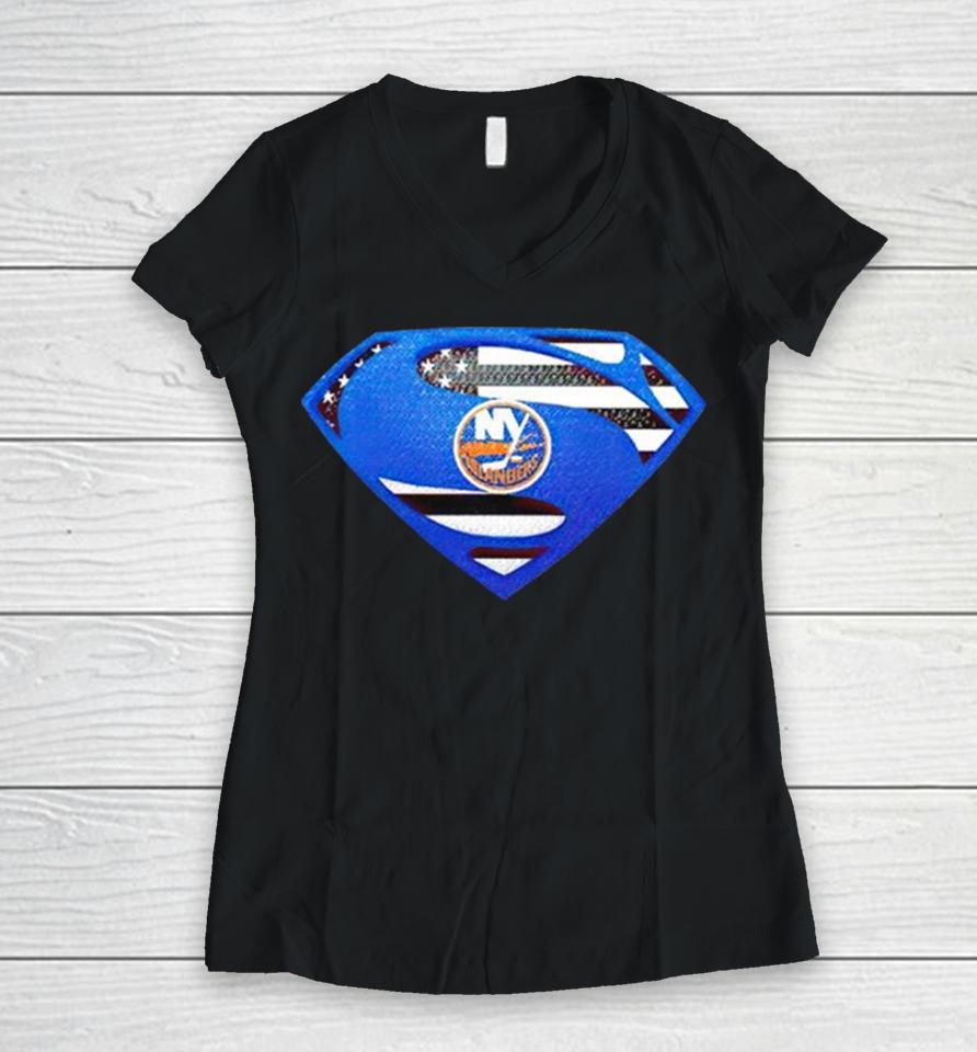 Usa Flag Inside New York Islanders Superman Women V-Neck T-Shirt