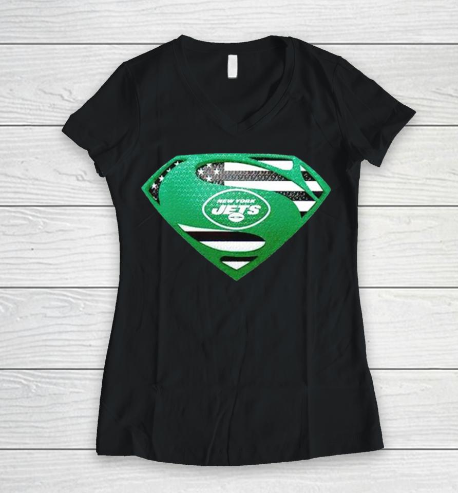 Usa Flag Inside New York Jets Superman Women V-Neck T-Shirt