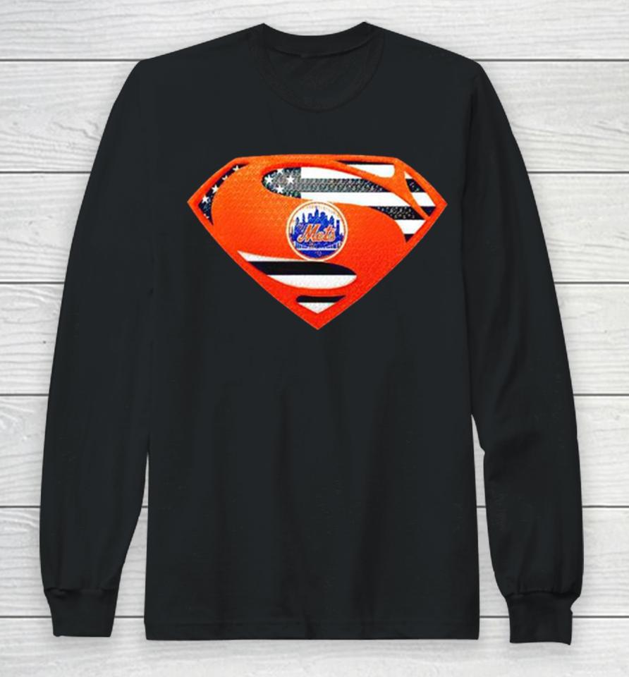 Usa Flag Inside New York Mets Superman Long Sleeve T-Shirt